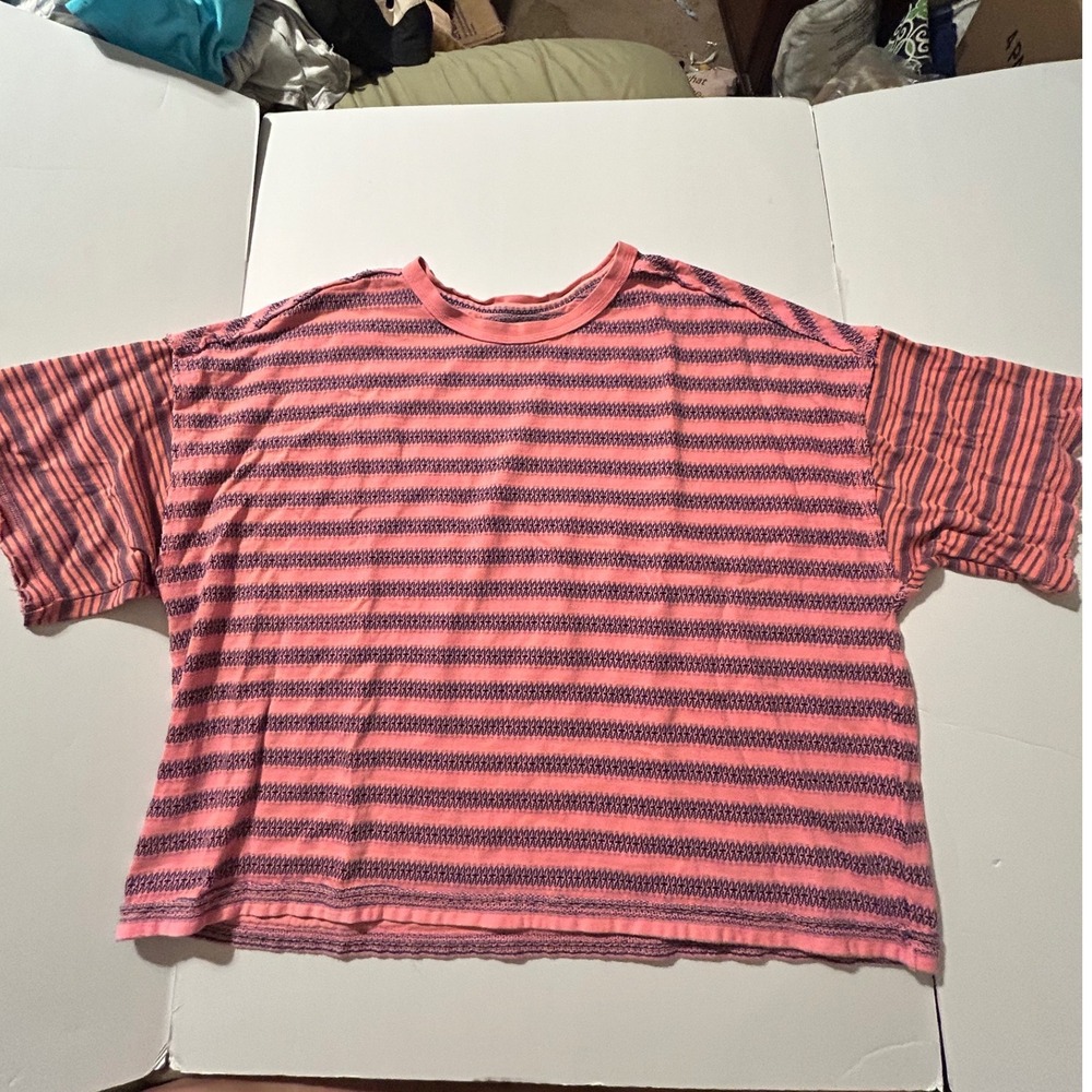 We The Free Free People Pink Purple Striped Boxy Knit Tee XL Coastal Retro Boho